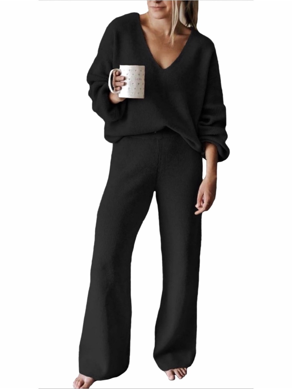 Viottiset, Casual V-Neck Knit and Wide Leg Sweater Lounge Set, Black, S